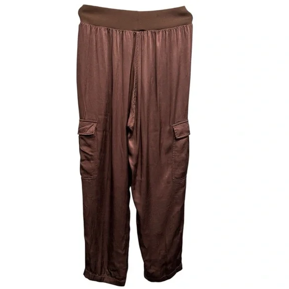 Pistola Chocolate Brown Cargo Pants Pull On Silky Satin Pockets Size Small - Picture 5 of 8